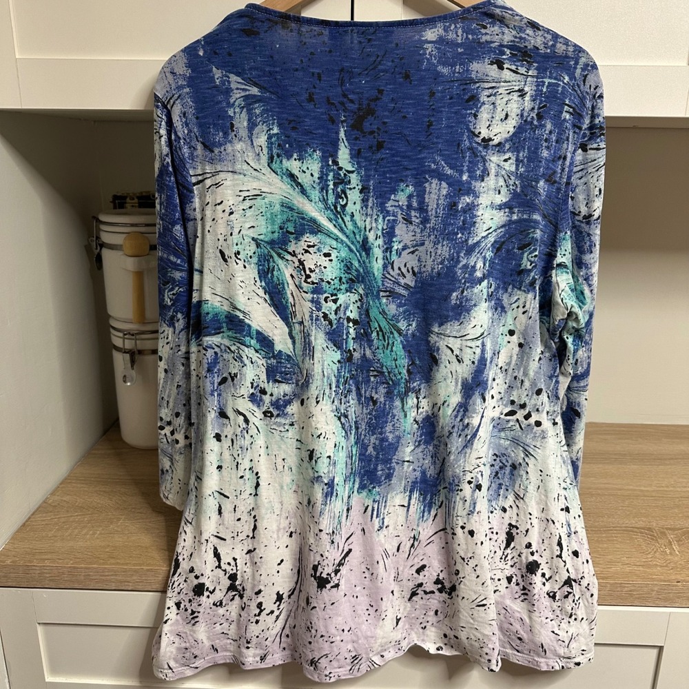 Weekends by Chicos Top Women 2 L Blue Abstract Feather 3/4 Sleeve Cotton Casual - Picture 2 of 10